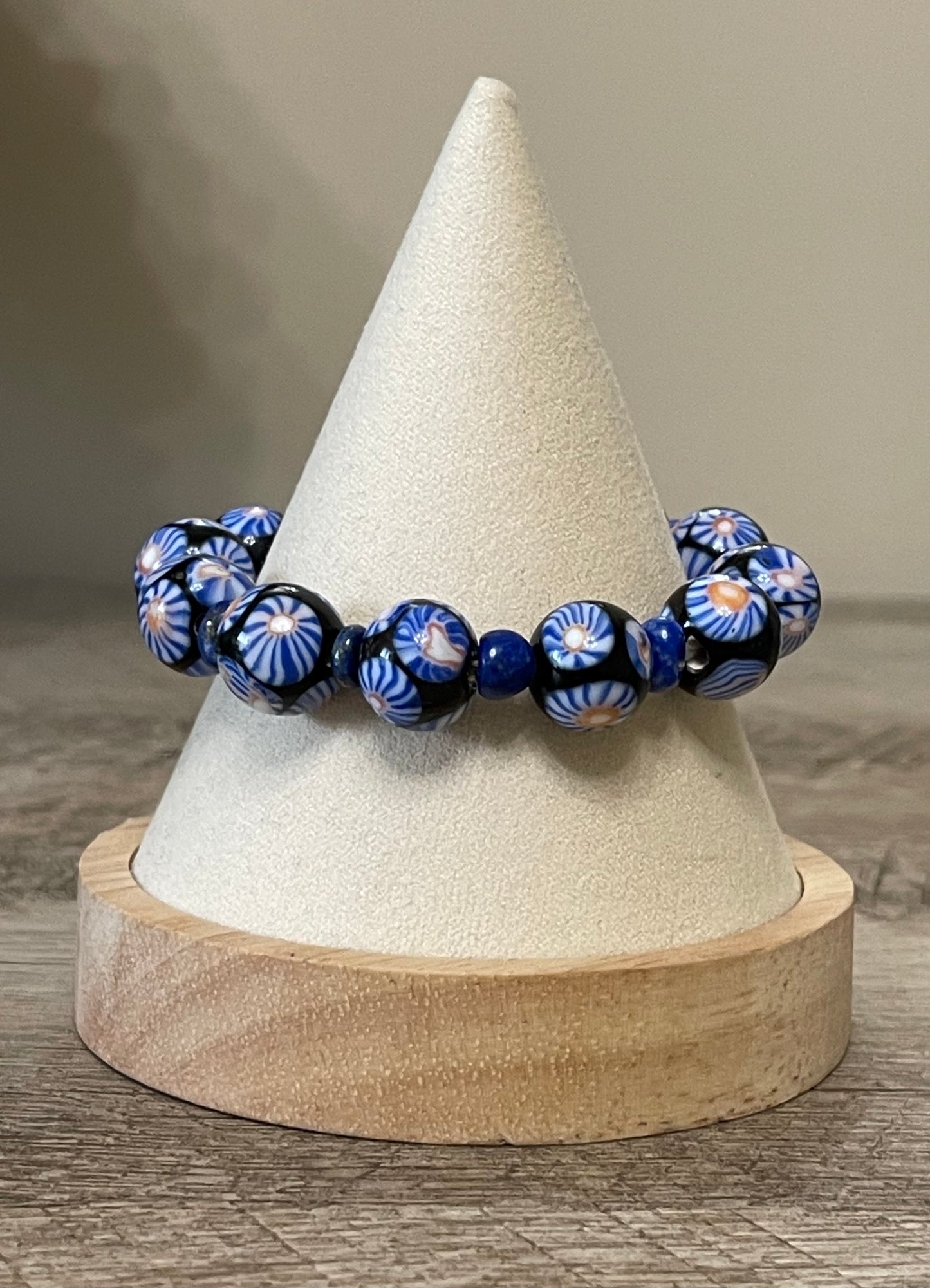 Midnight Bloom Bracelet: Hand patterned Millifiori Javanese Glass beads on Stretch elastic cord, Lapis Lazuli spacer beads OOAK