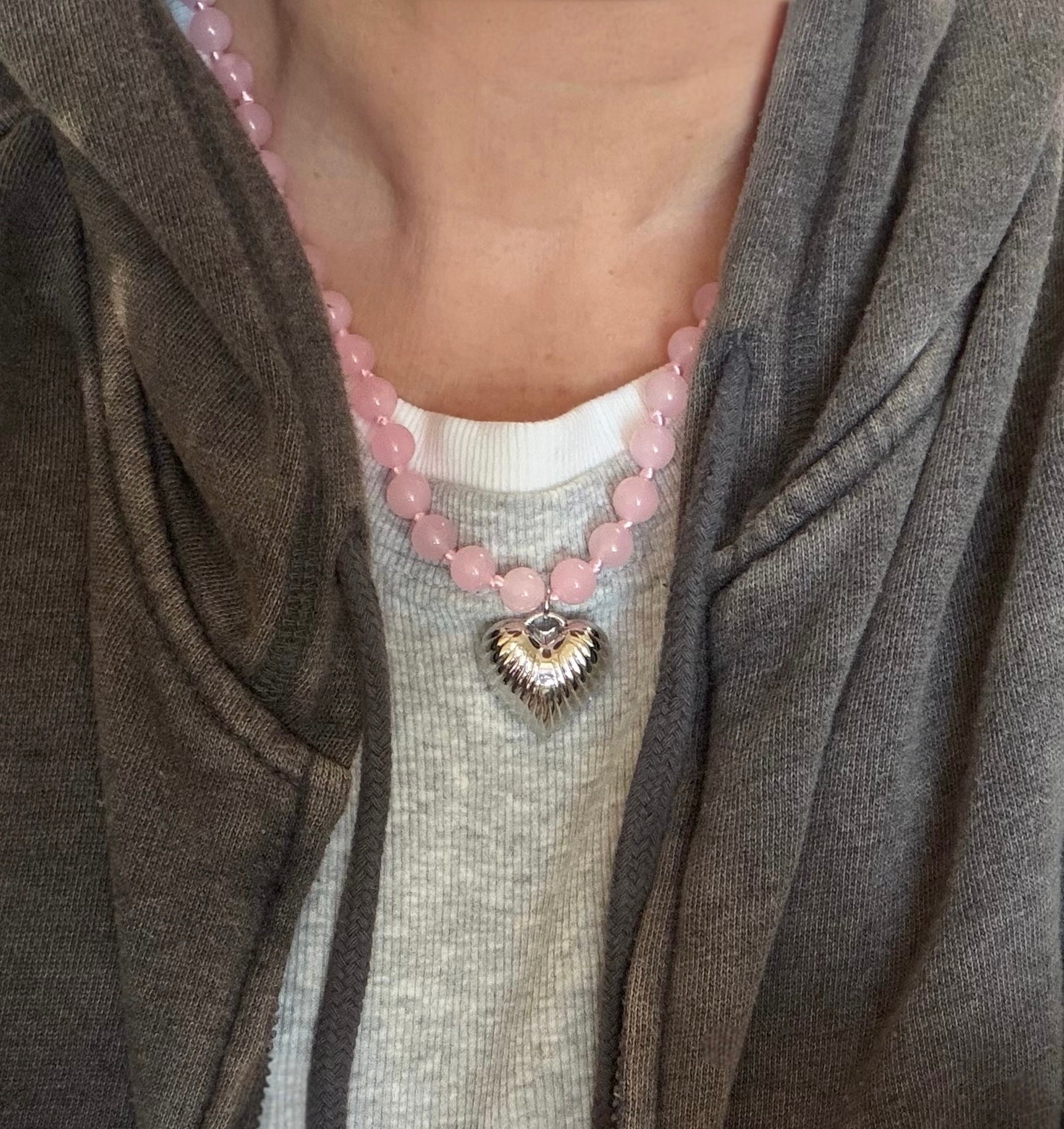 La Vie en Rose necklace: Rose Quartz round beads with choice of Heart pendant