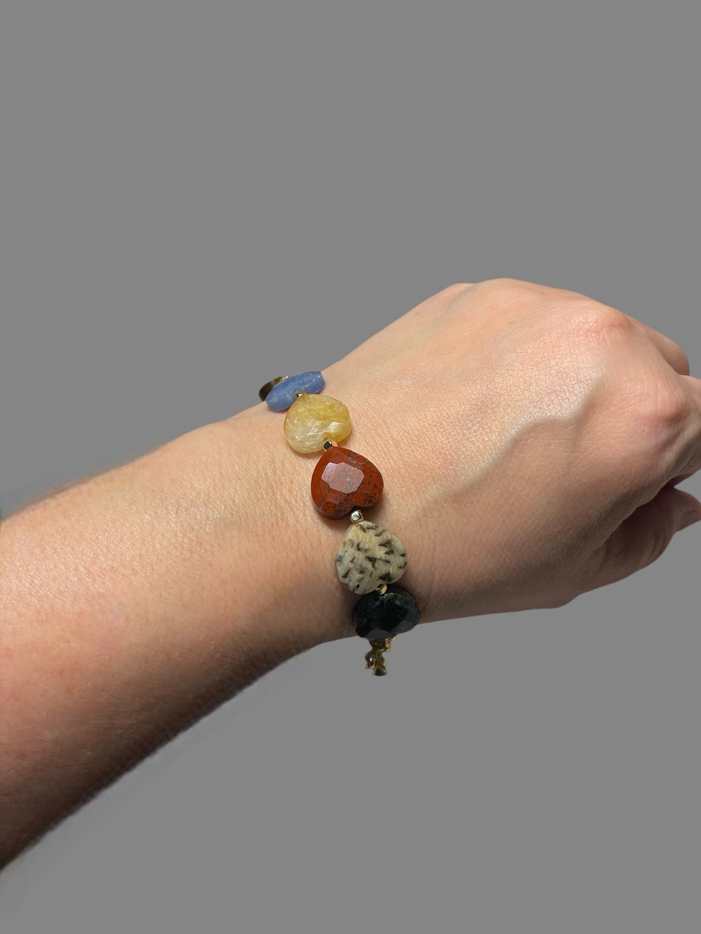 The Stone Mountain Bracelet: Mixed Natural Stone Faceted Heart Beads with Gold or Silver Accents