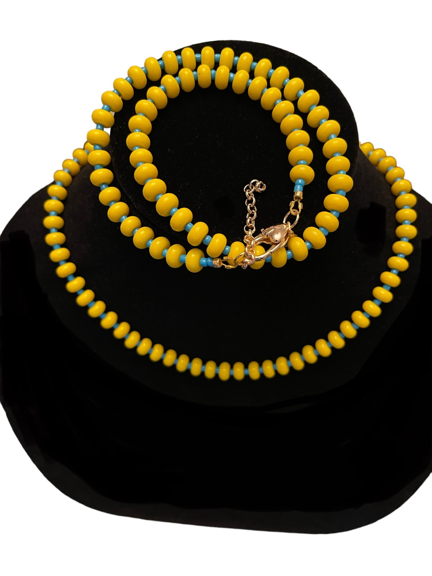 The Poppy Necklace: All glass colorful beads with a gold filled clasp and extender chain