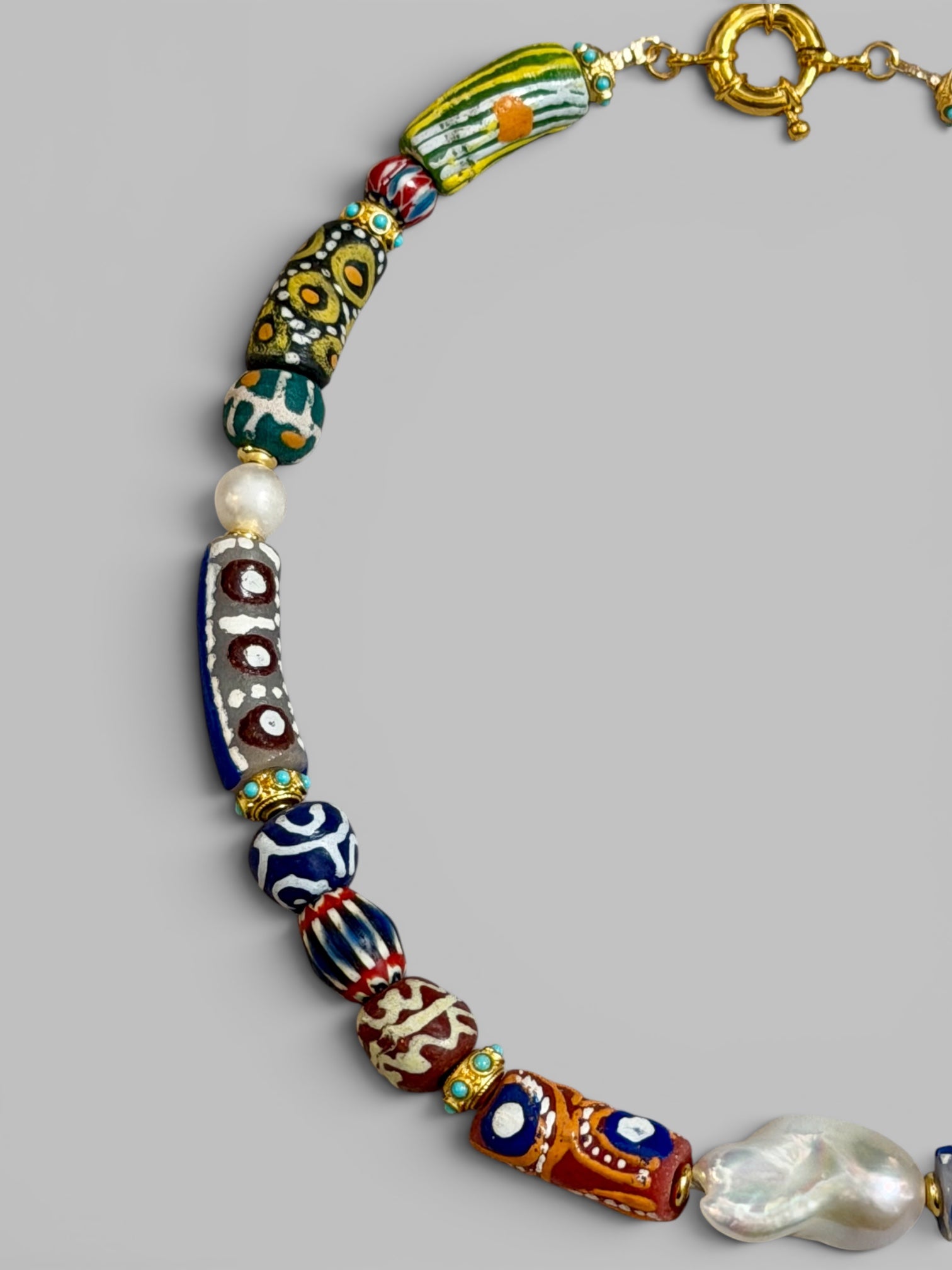 The Wanderer: Hand painted glass, Baroque pearls, gold accents OOAK