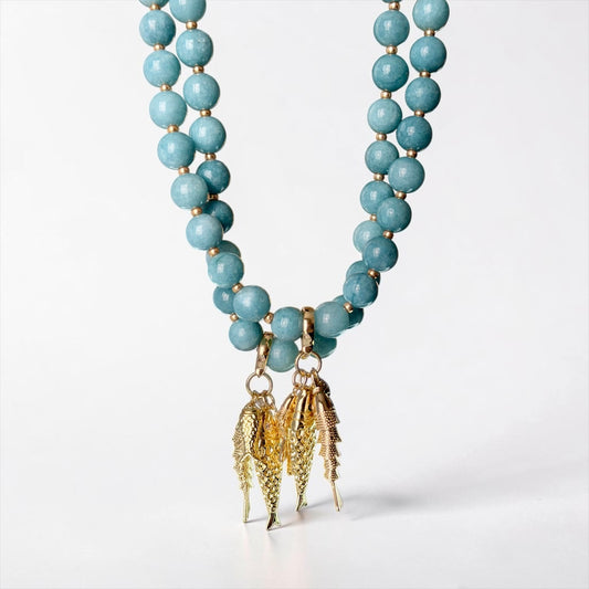 The Golden Catch Necklace: Sea blue Jade with Gold Fish Charms