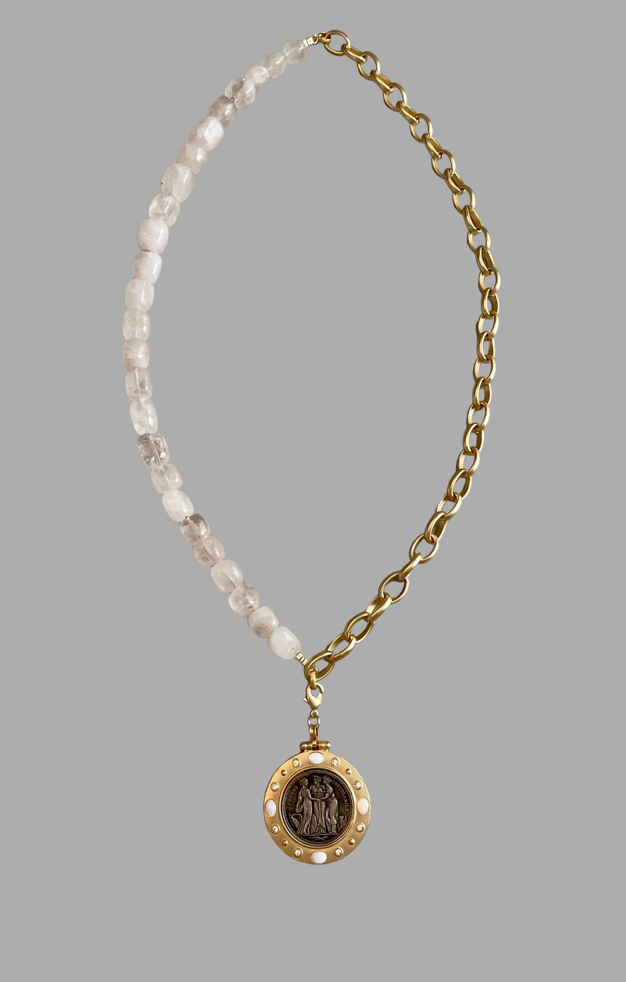 The Six Way Necklace: Rose Quartz and Brushed Gold Chain Duo with Greek Three Graces Replica Coin Pendant