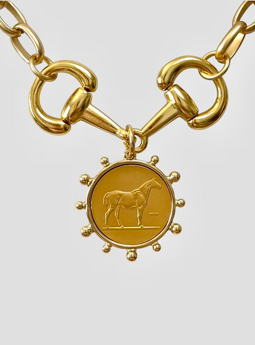 Bit of Gold: Matte and Shiny Gold Necklace with Horse Medallion OOAK