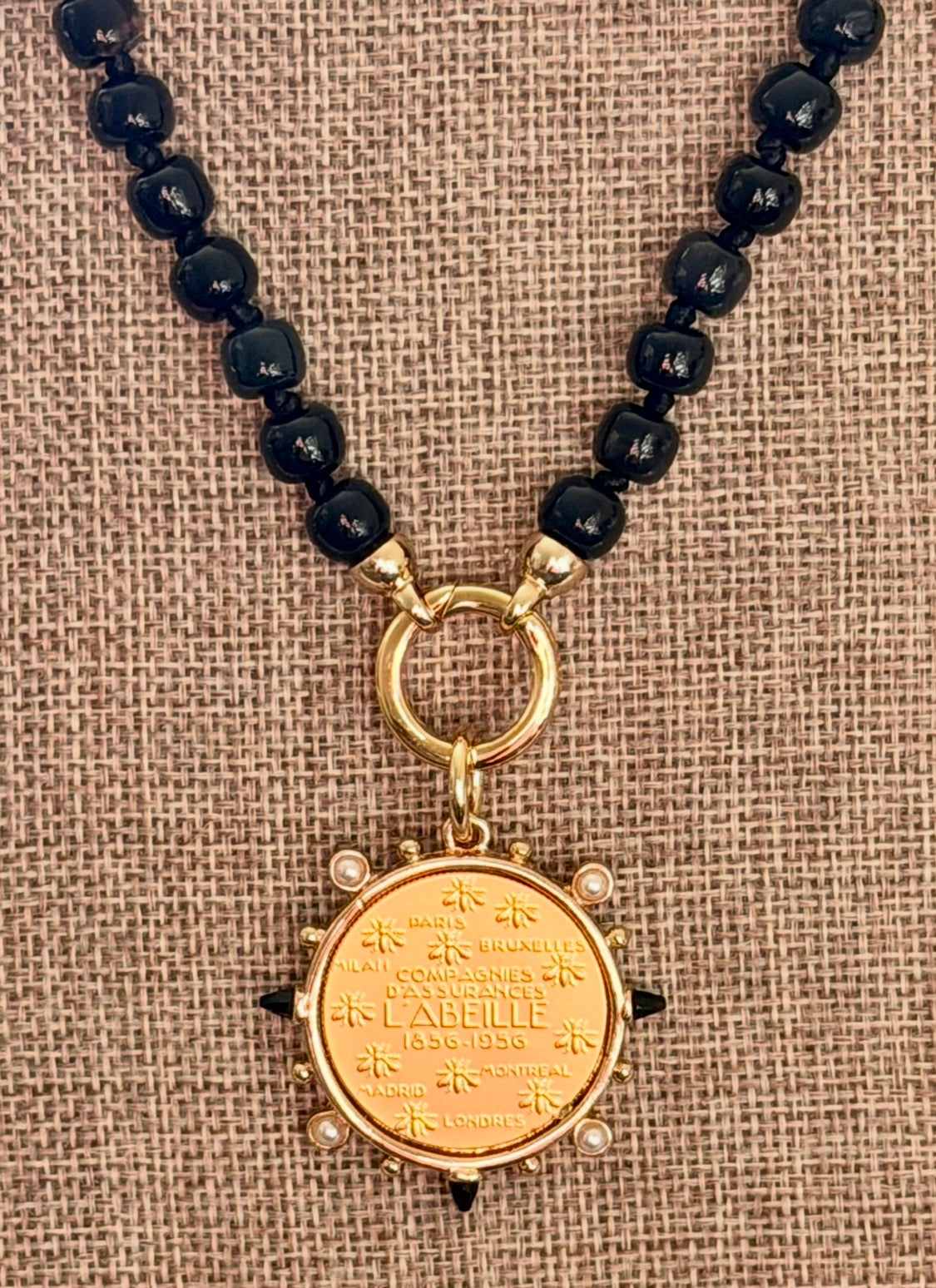 Très Chic Necklace: Hand knotted Black Onyx beads with a French Replica Vintage Pendant OOAK