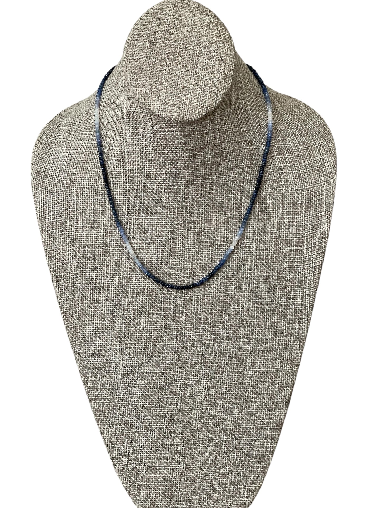 Starlight Path Necklace: Faceted Sapphire Gemstone beads in an ombré pattern, Gold carabiner with deep blue CZ’s, Gold pavé star charm OOAK