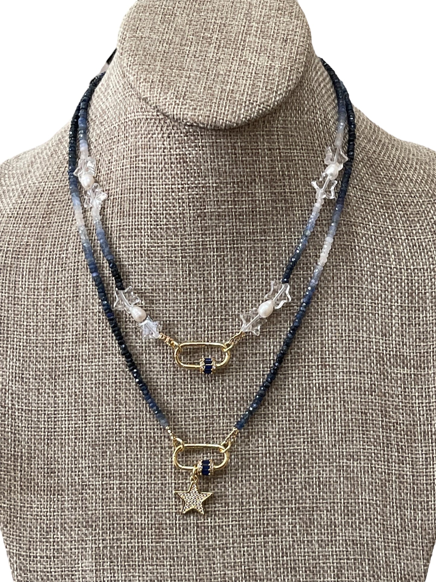 Starlight Path Necklace: Faceted Sapphire Gemstone beads in an ombré pattern, Gold carabiner with deep blue CZ’s, Gold pavé star charm OOAK