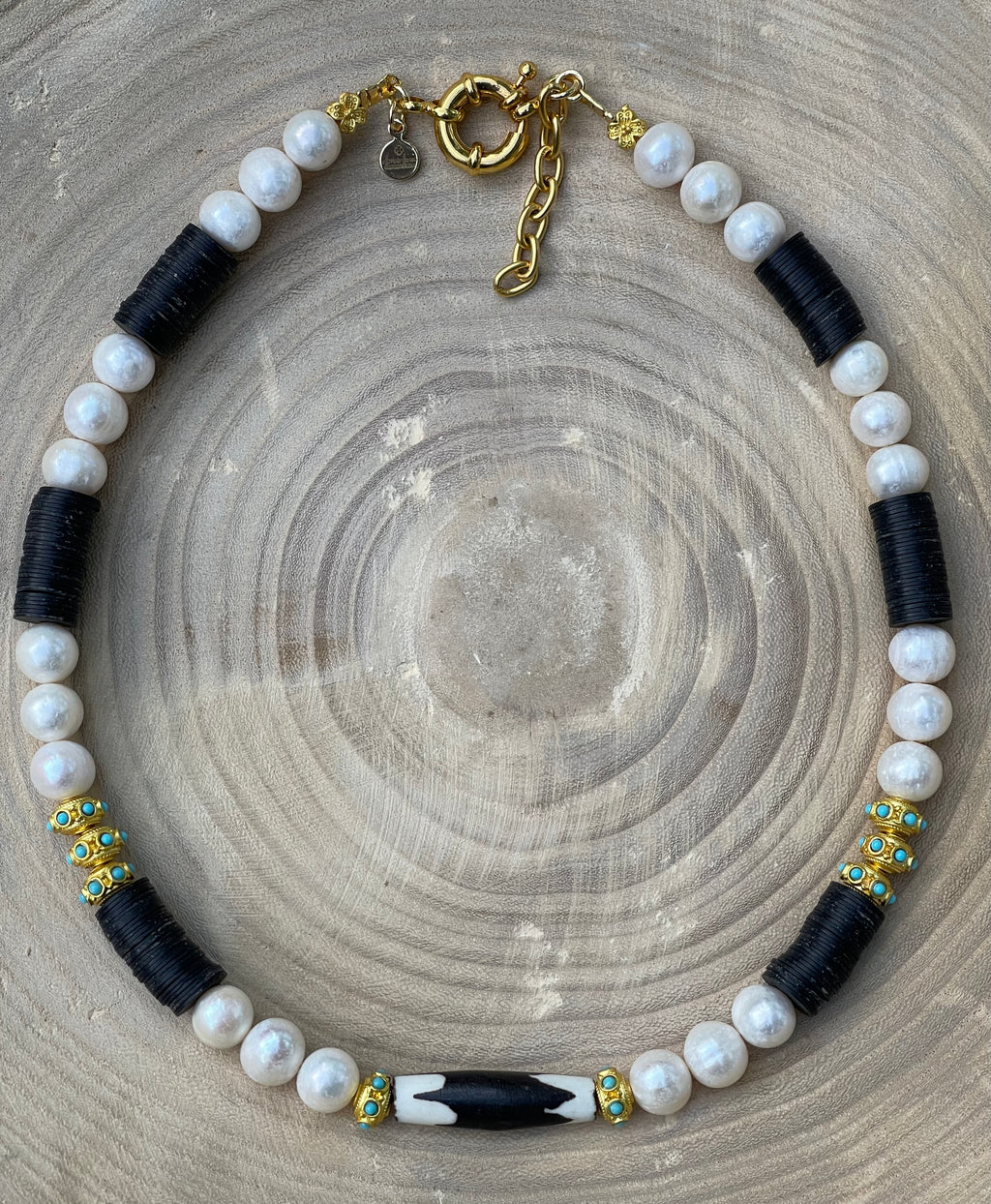 Tribal Throne Necklace: Creamy Freshwater Pearls African beads & gold accents OOAK