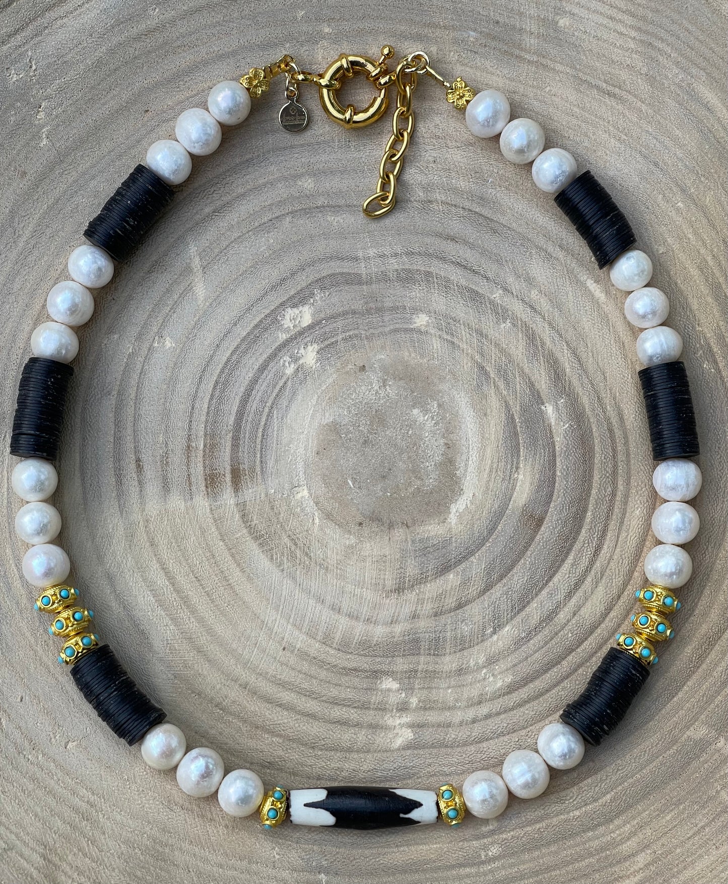 Tribal Throne Necklace: Creamy Freshwater Pearls African beads & gold accents OOAK
