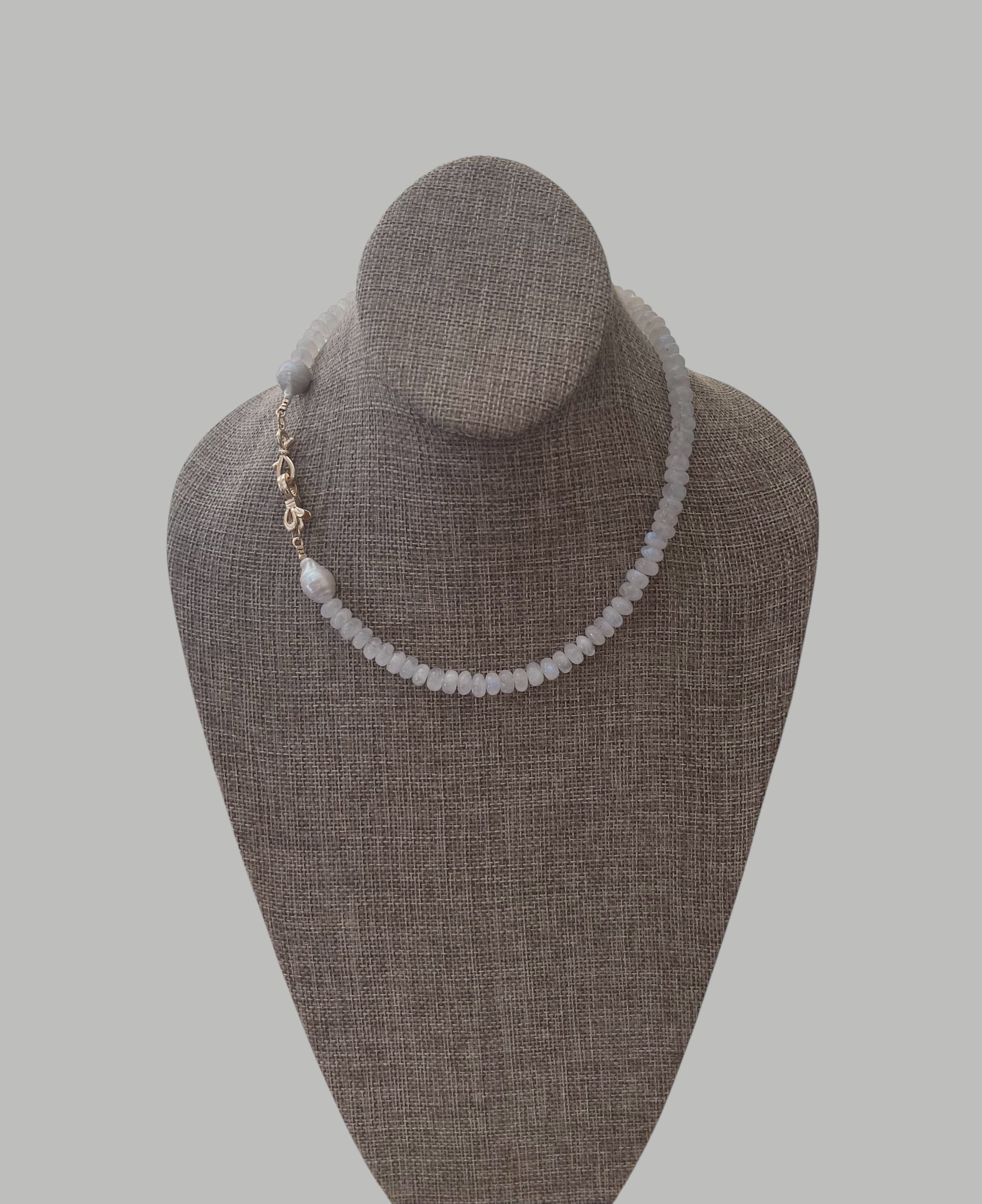 Bijou de Lune Necklace: High quality Moonstone beads, Baroque Pearls and a double bow gold clasp Wear 3 different ways OOAK