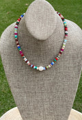 Joie Necklace: Colorful Mix of Natural Gemstones Gold Accent Beads and a Freshwater Baroque Pearl 2 Bead Size Options 6mm or 8mm