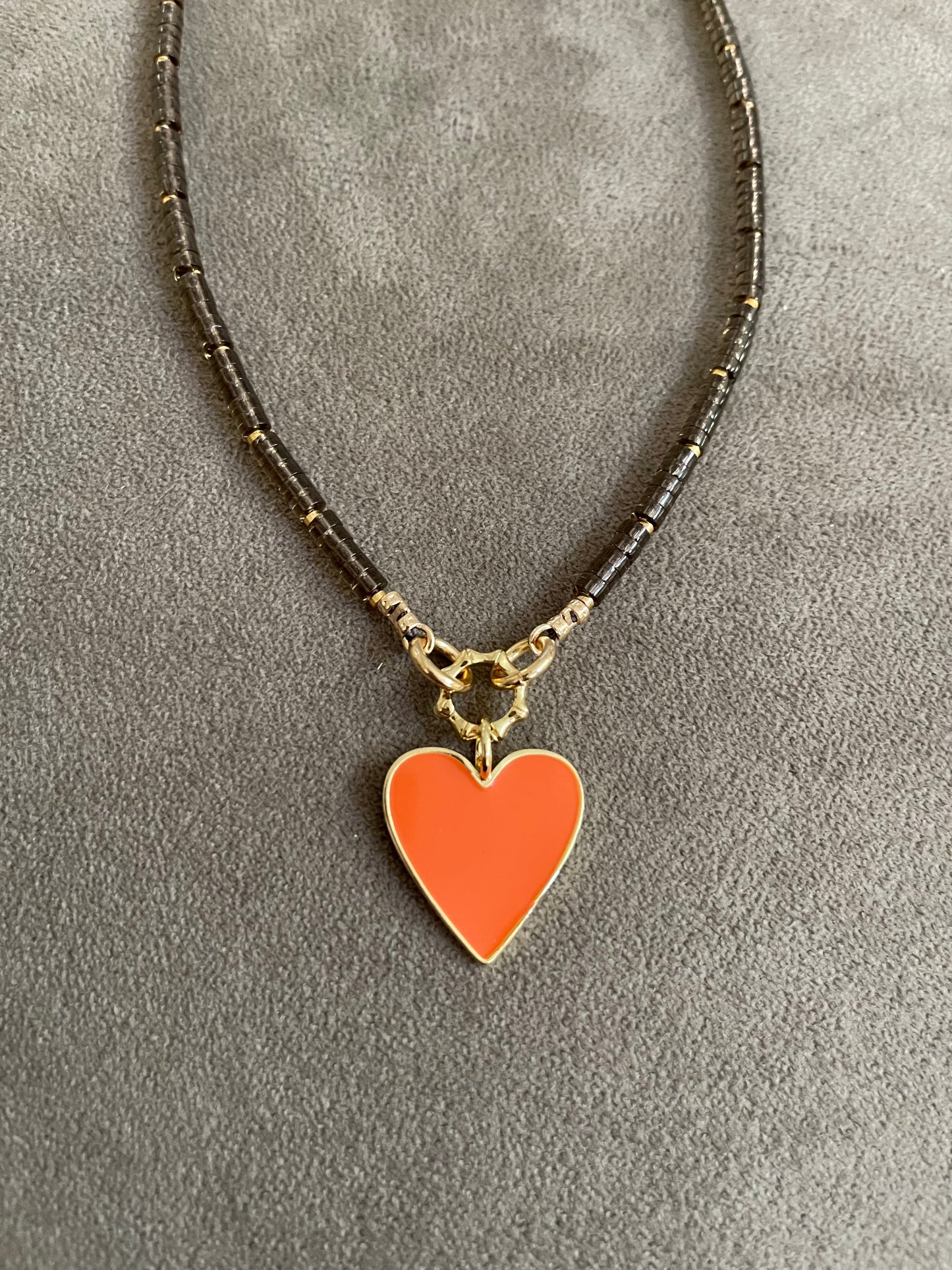 Orange Heart Necklace: Smokey Quartz Heishi Cut Beads w Gold Accents and Orange Enameled Heart Charm