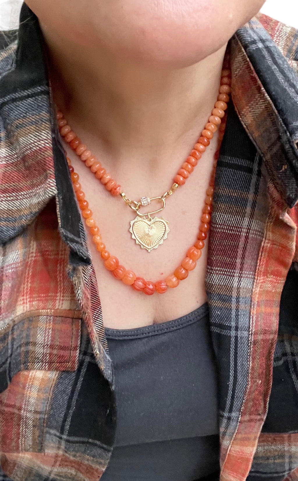Pumpkin Spice Necklace: Fall Orange Jade Rondelle shaped Beads w a Gold Plated Cubic Zirconia encrusted Clasp and Heart Charm