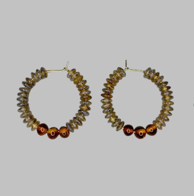 Baltic Amber Stone Earrings: Gold or Silver Hoop earrings with Czech Glass beads and Natural Baltic Stone