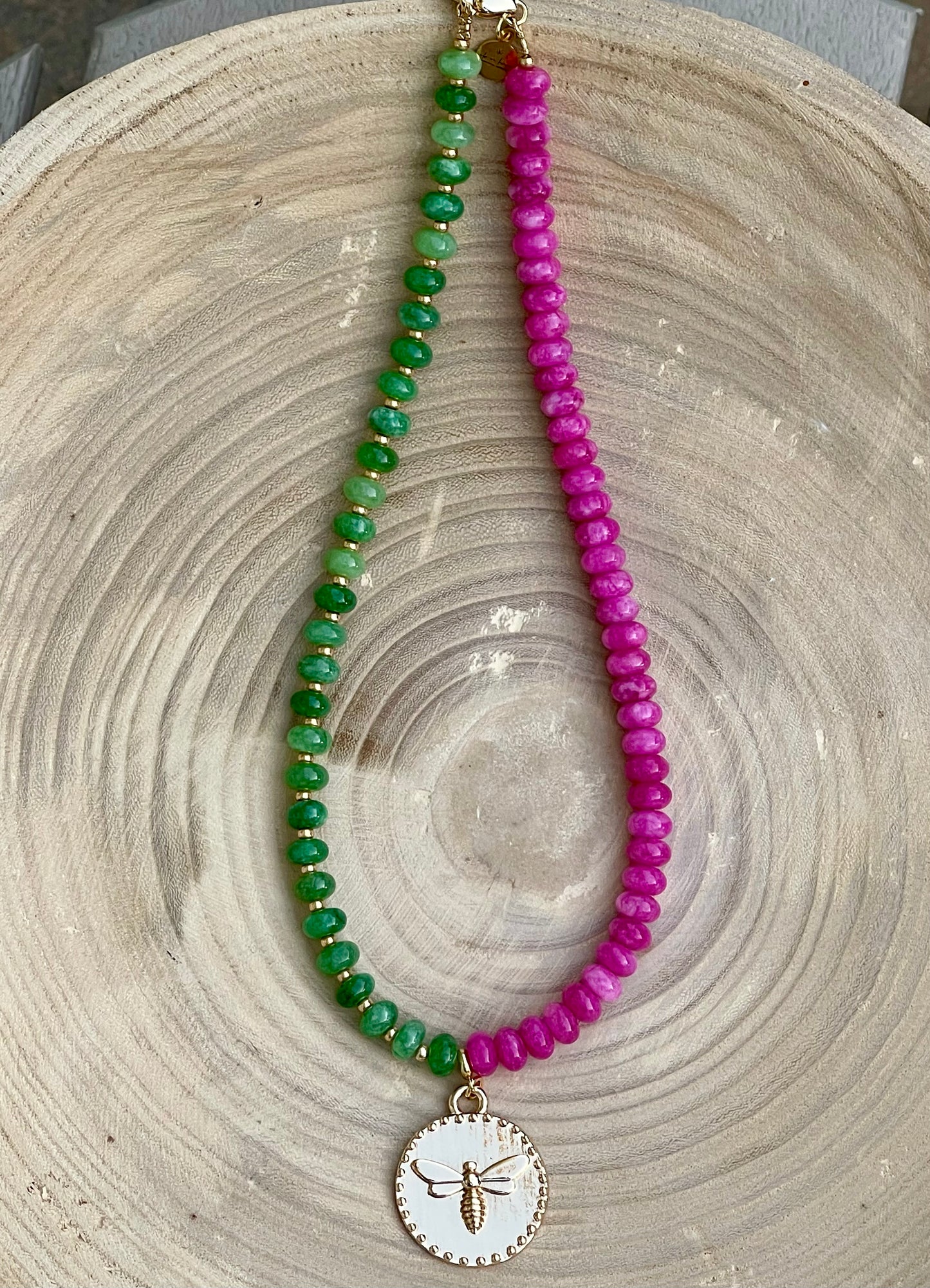 Honey Pop Necklace: OOAK Green & Hot Pink Natural Jade Stone Beads, Gold Accents, a Shiny Gold Bee Coin Style Pendant