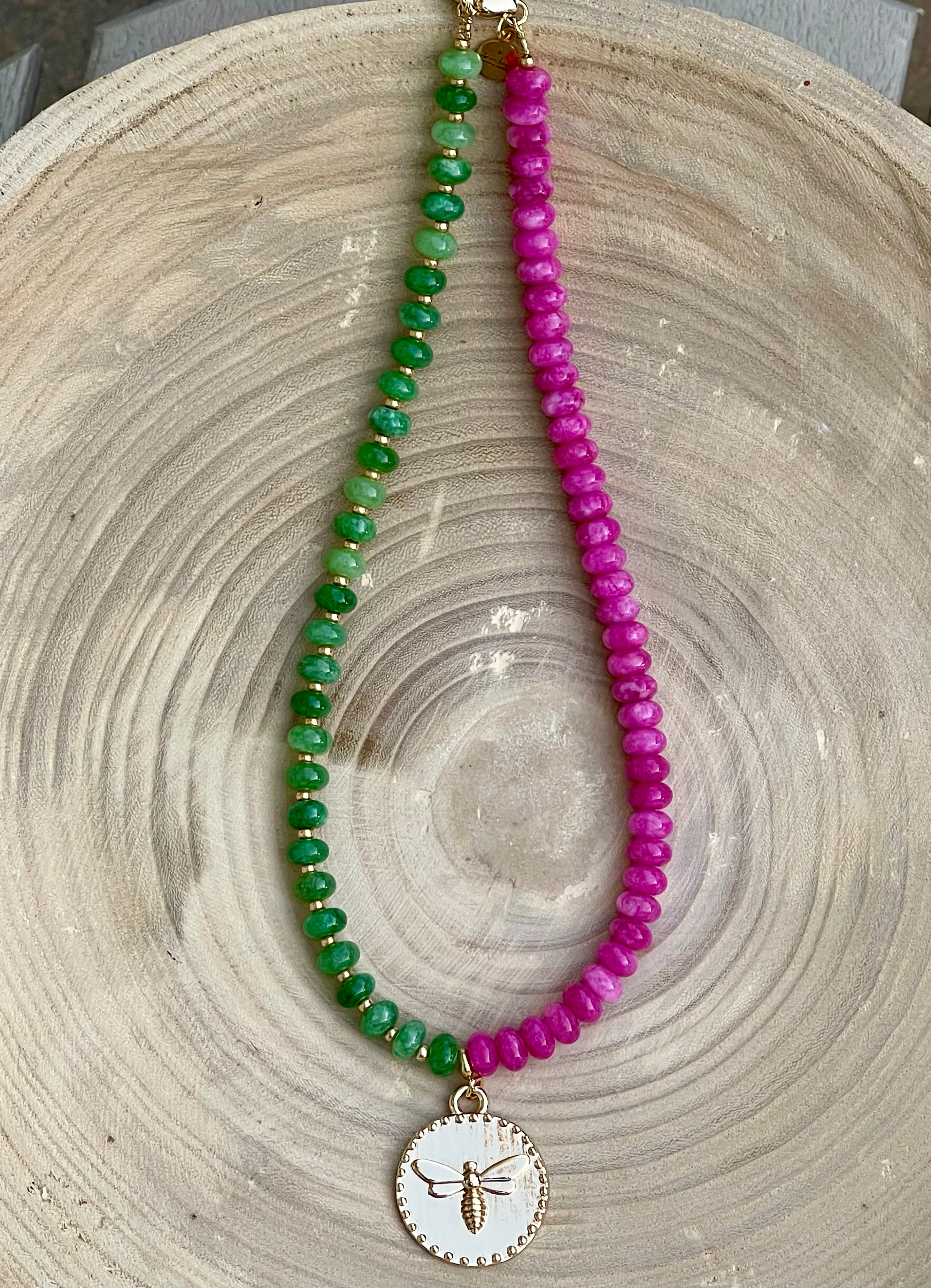 Honey Pop Necklace: OOAK Green & Hot Pink Natural Jade Stone Beads, Gold Accents, a Shiny Gold Bee Coin Style Pendant