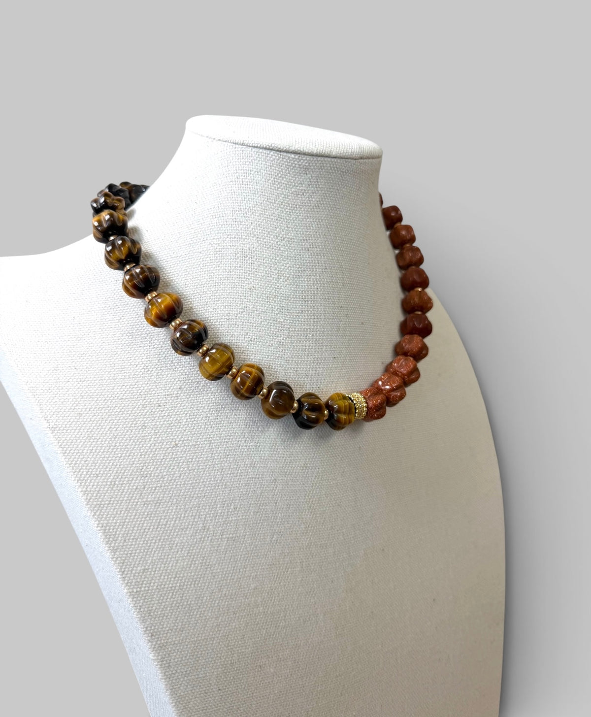 Autumn Afterglow: Carved Tiger Eye and Goldstone with gold and pavé accents OOAK