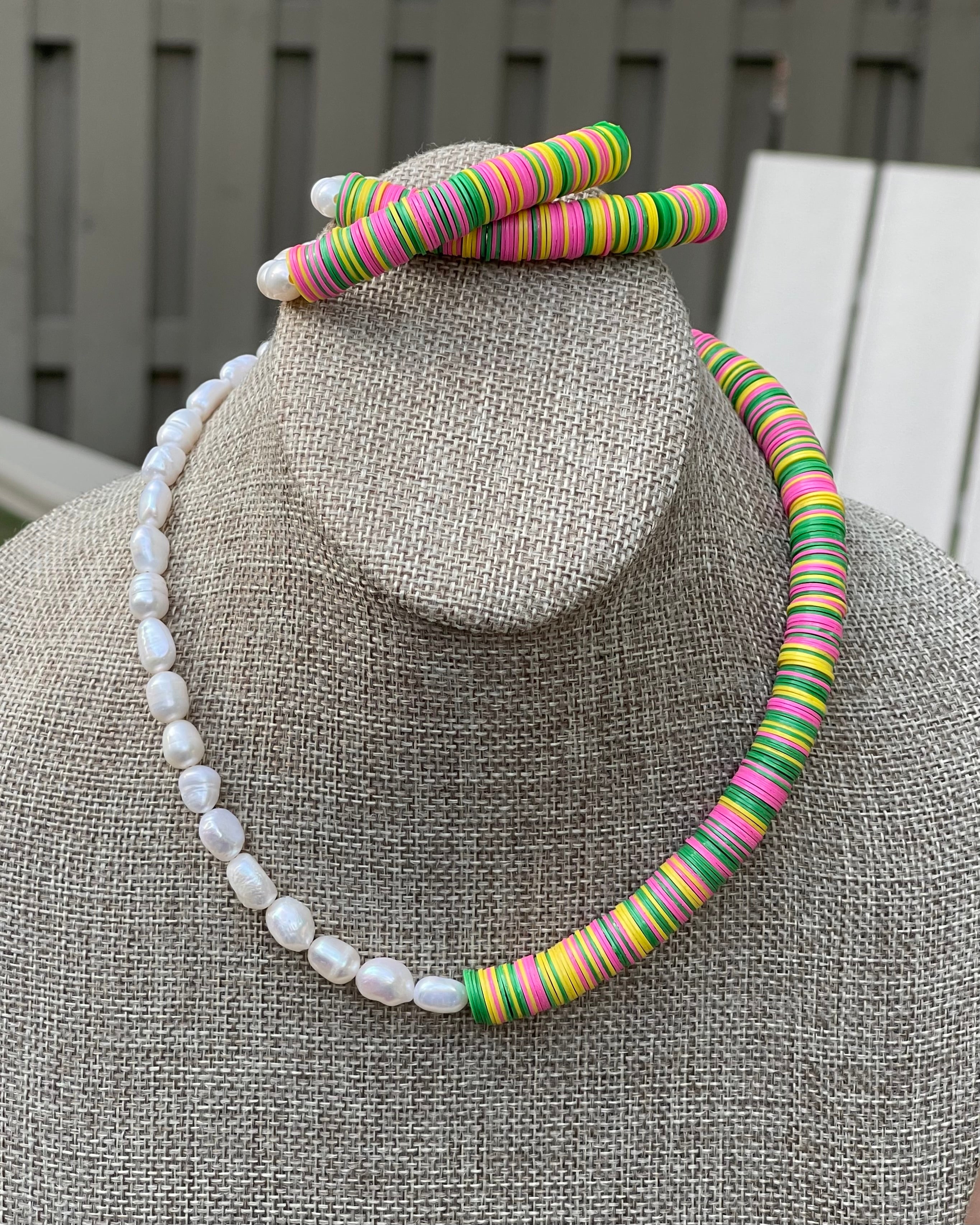Double Take Necklace: Freshwater Pearls Meet Fun Bright Phono Vinyl Beads Gold Clasp & Extender
