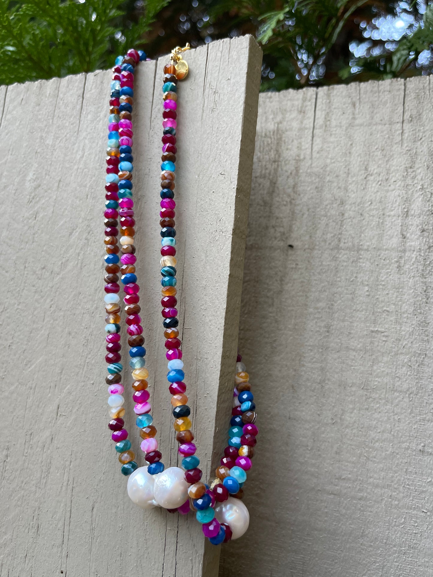 Jewel Toned Jen Necklace: African Mixed Banded Agate Diamond-Cut Beads with a Baroque Pearl Centerpiece