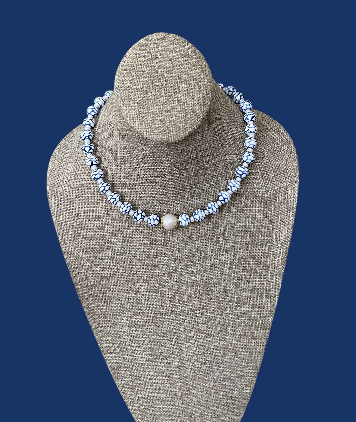 Indigo Lattice Necklace: Blue and white ceramic beads w pearlized glass spacer beads, Baroque Pearl center 14k accents & clasp OOAK