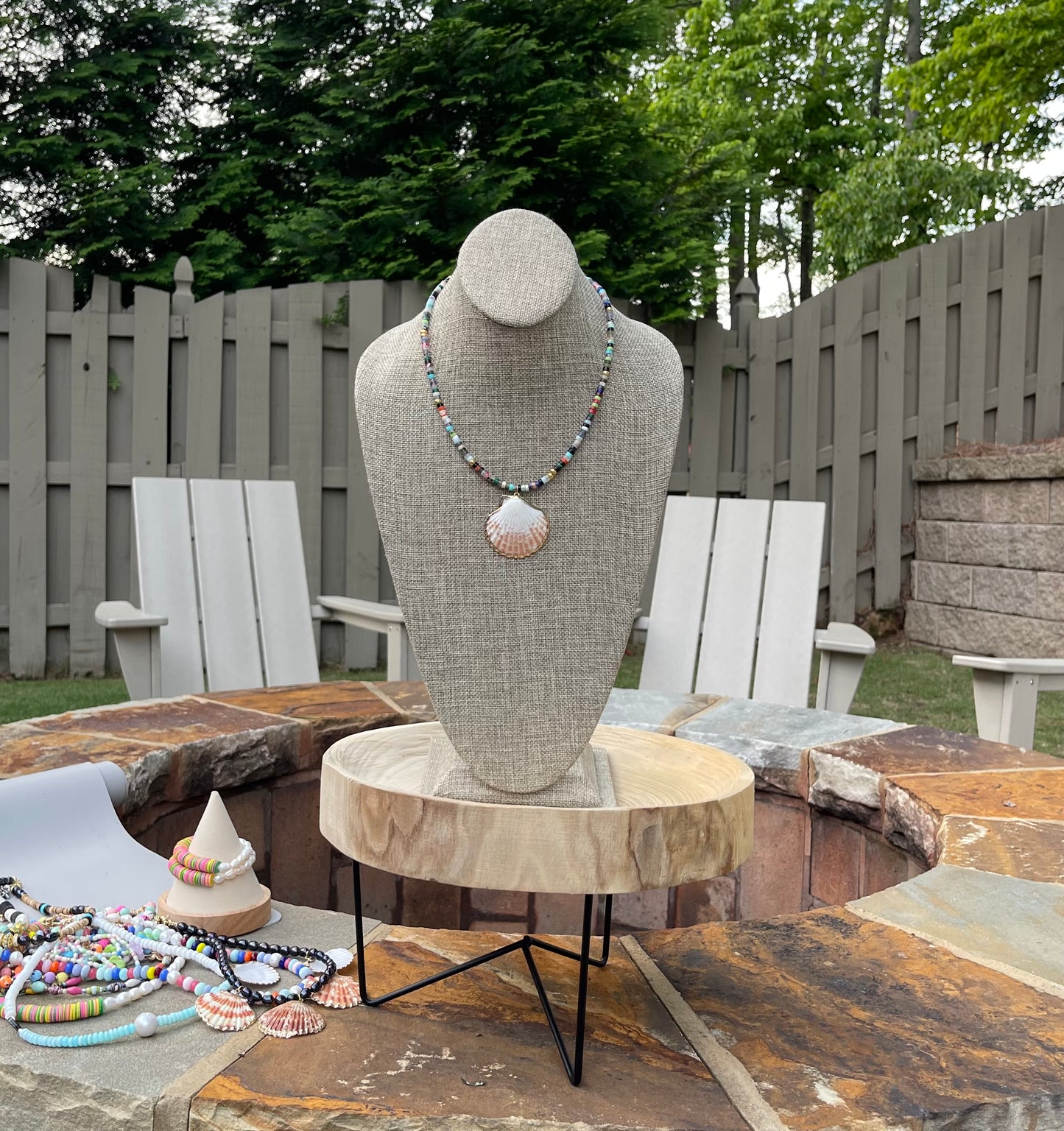 Multi Gem Seashell Necklace: Large variety of natural gemstone beads gold accents Natural seashell pendant