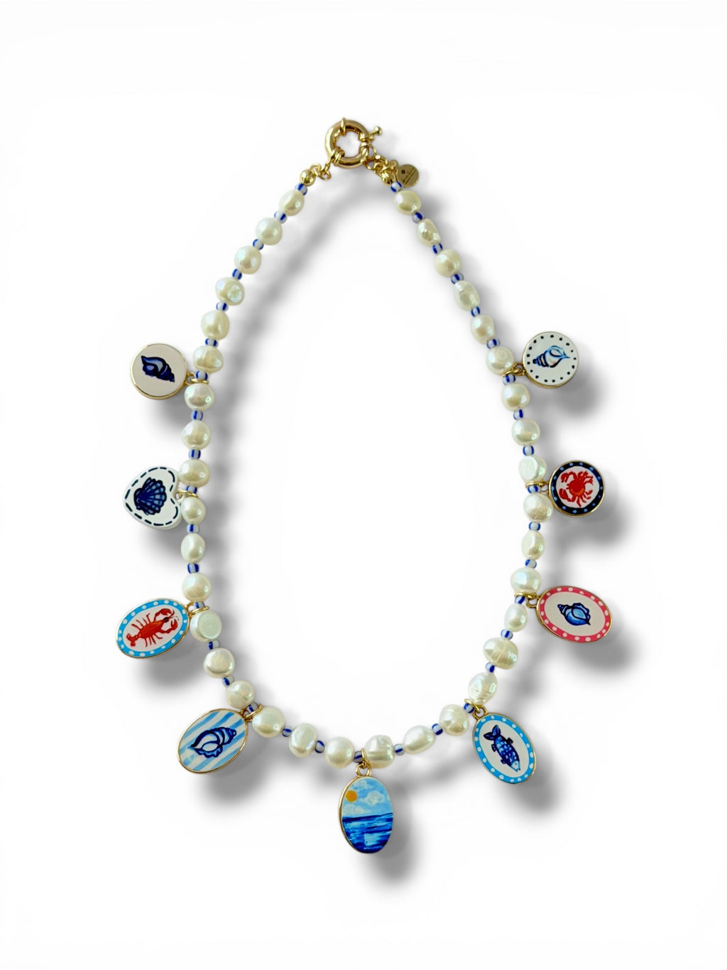 The Salt & Story Necklace: Freshwater Pearls, striped seed beads & Cloisonné charms OOAK