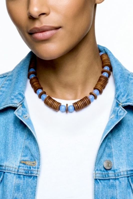 Bone & Blue Necklace: Handmade Bone Beads (Nepal) and Mexican Blue Argonite (Rare)