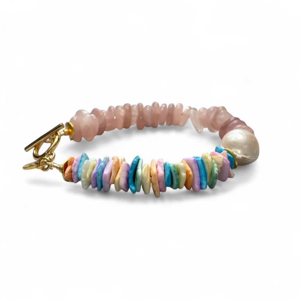 Chic Island Bracelets: Pastel dyed Puka shell, Flawless Baroque Pearl, Aquamarine OR Rose Quartz, Gold accents