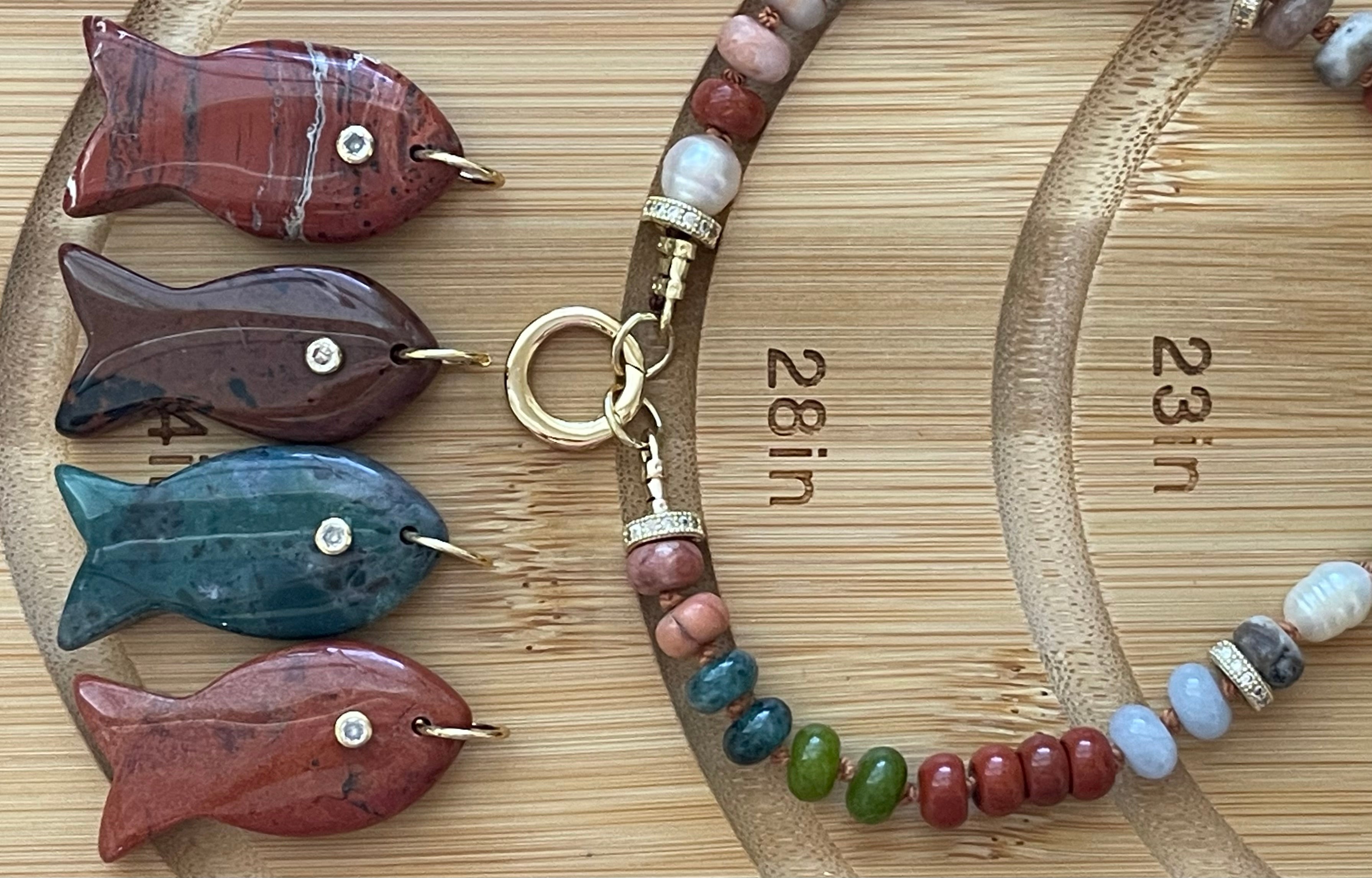 Reel Beauty 🎣 Mixed Gemstone necklace with Gold accents Gemstone fish pendant 4 options