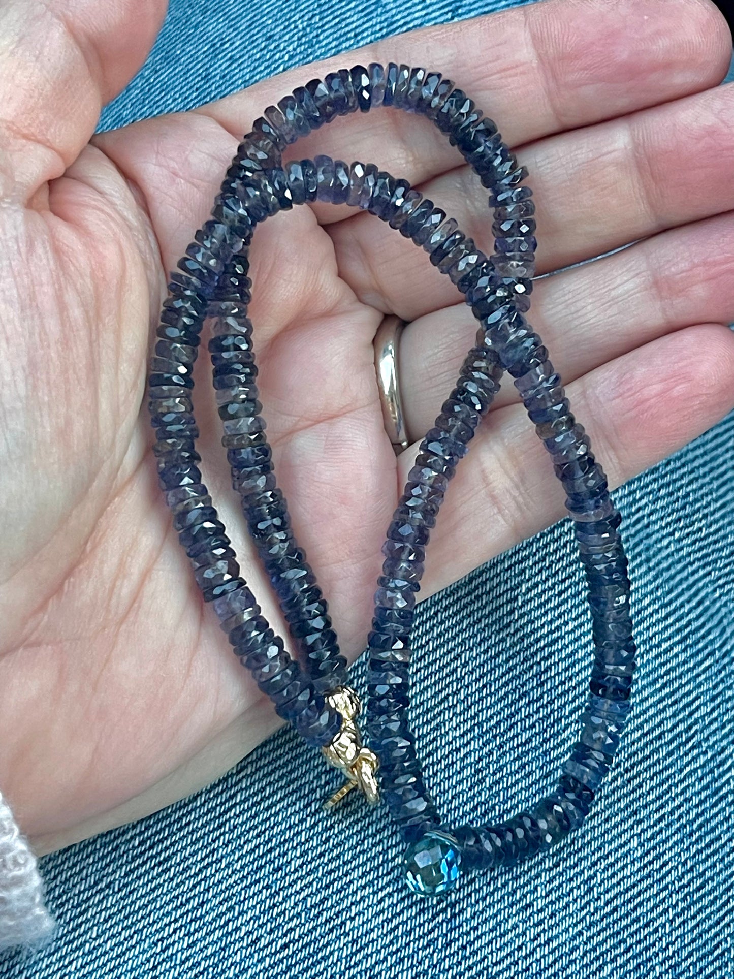 OOAK- Iolite Up The Sky Necklace: Heishi Cut Natural Iolite Faceted Beads with a Crystal Teardrop Centerpiece Wire Strung with Gold Hook Clasp