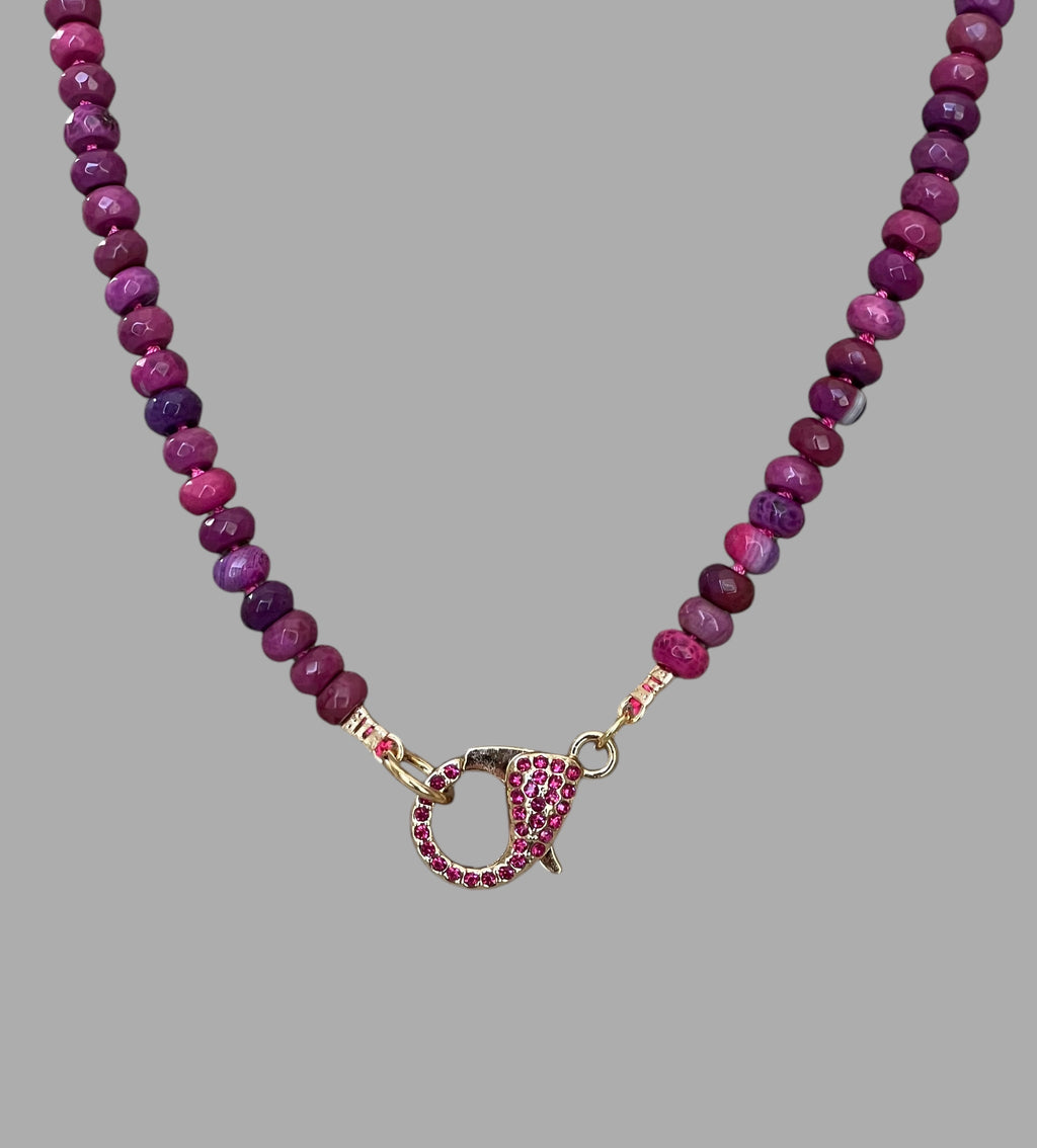 Cascadia Bloom Necklace: 2 Options- Dyed Agate faceted beads Hand knotted on silk, one w/ hot pink silk and hot pink pavé clasp and the other on purple silk w/ purple pavé clasp