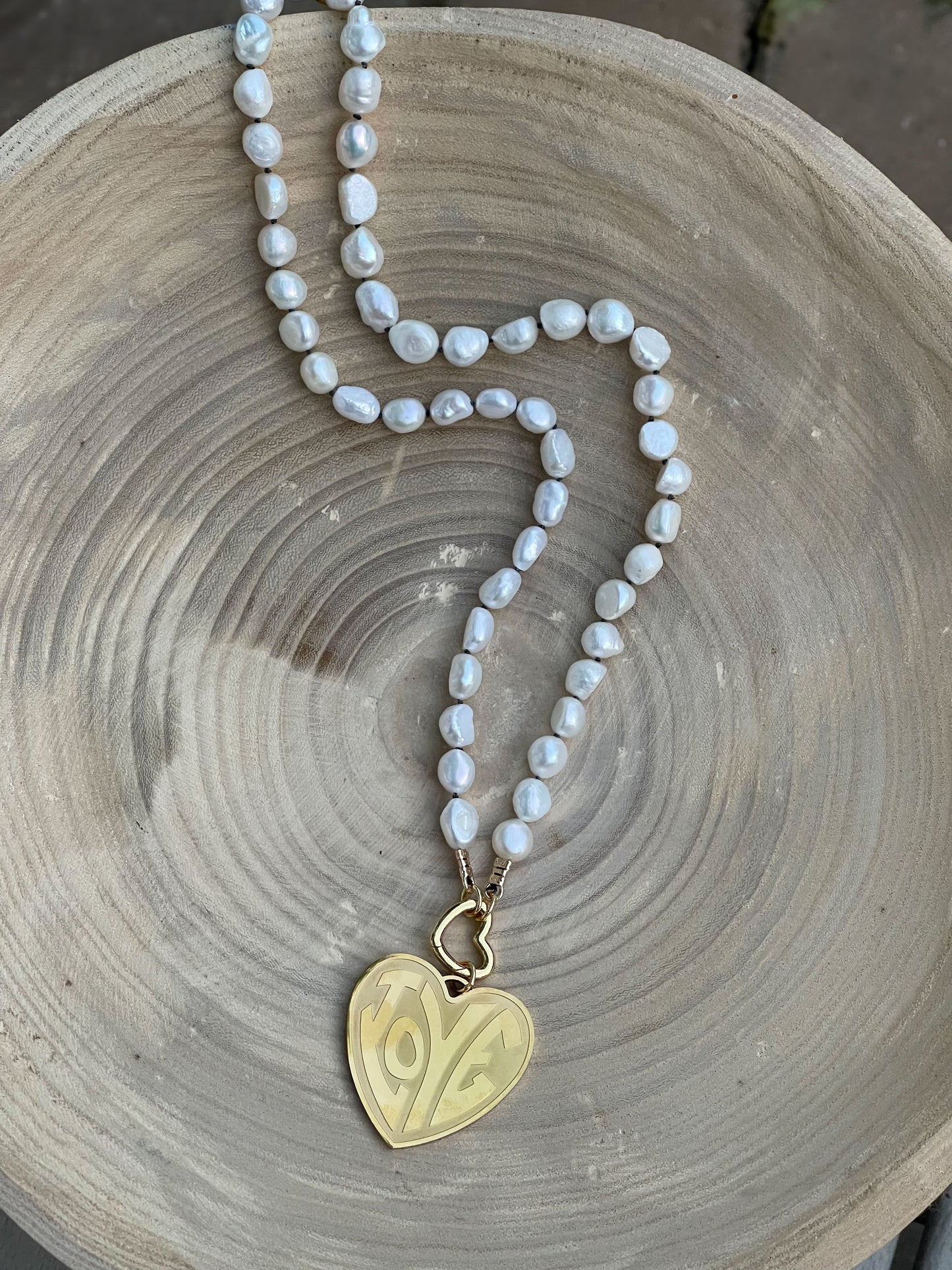 Can’t Buy Me Love Necklace: High Quality Lustrous Pearls HandKnotted on Black Silk Gold Heart Clasp and Love Heart Pendant OOAK