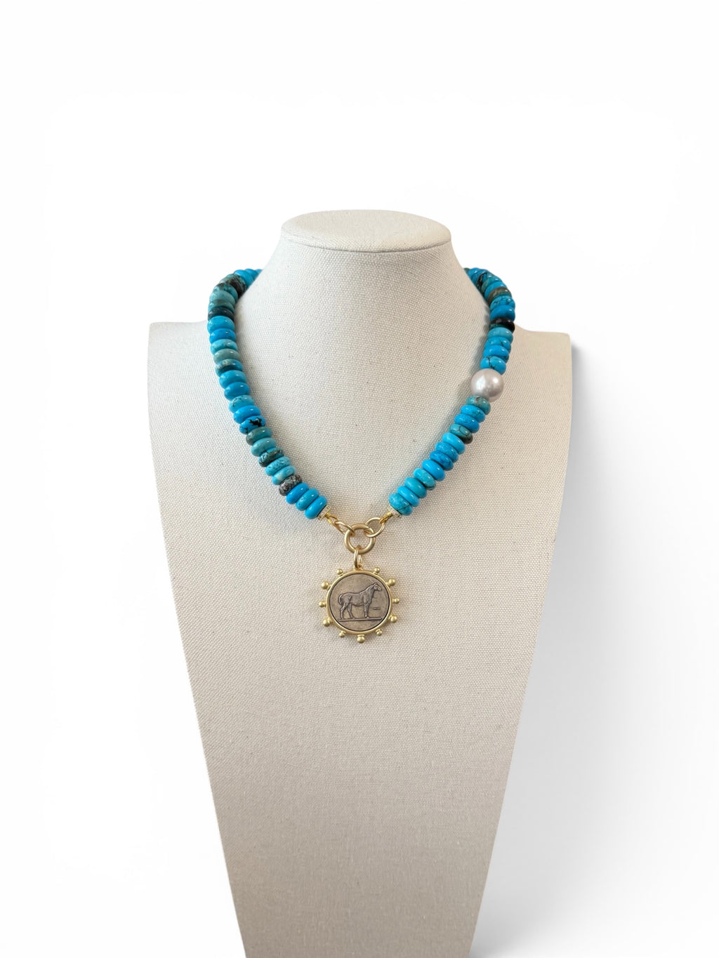 The Saddle & Stone Necklace: Turquoise, Baroque Pearl and Matte Gold OOAK