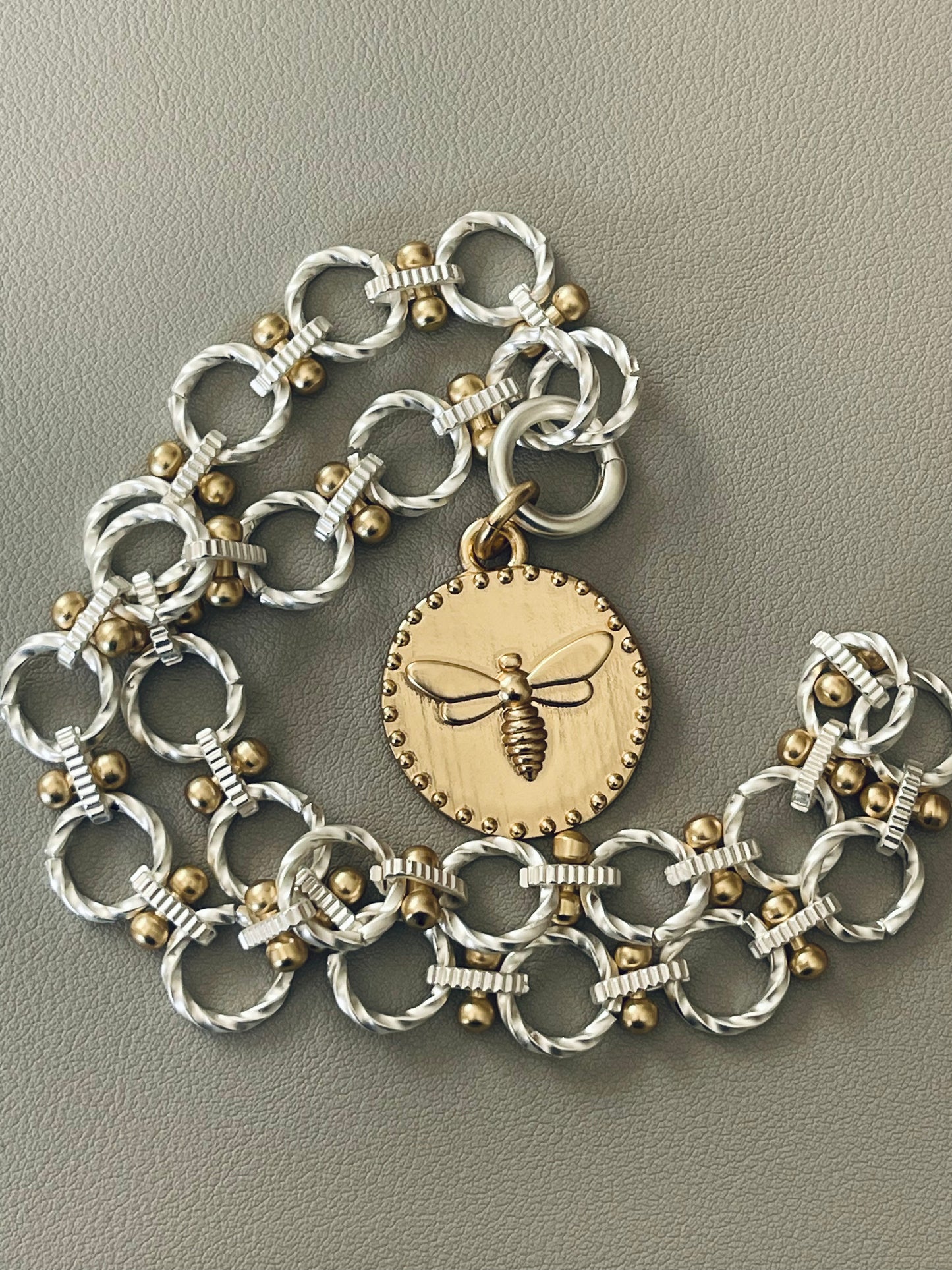 Honey Bee Mine Necklace: Brushed Silver and Gold Plated with Bee Charm Front Closure Clasp OOAK