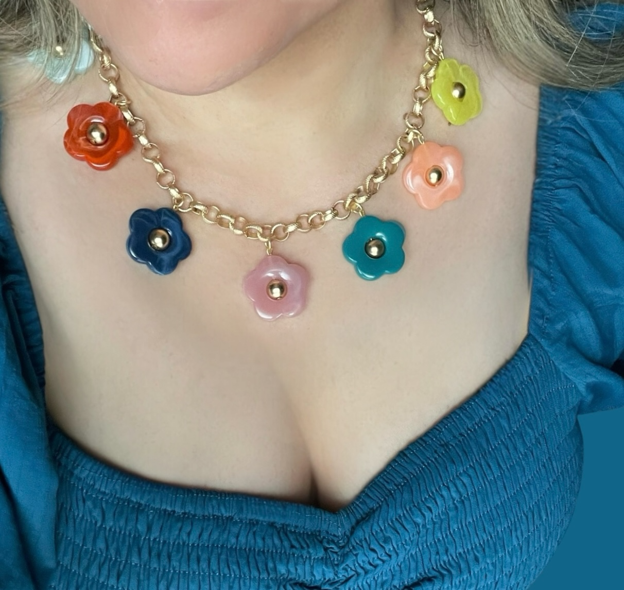 Bloom Necklace: Acrylic flowers with brushed gold centers on a brushed gold Rolo chain