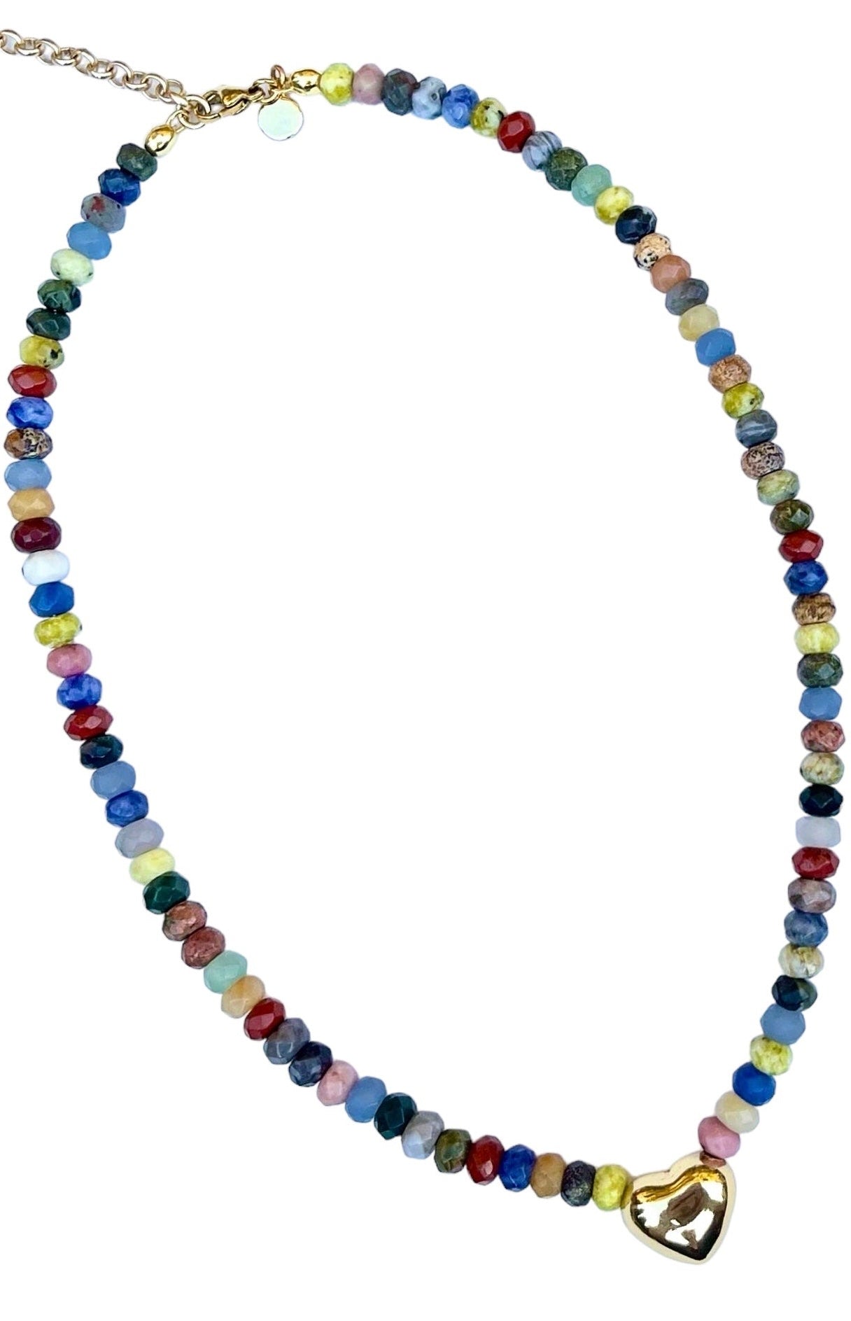 Canopy of Color Necklace: Mixed & Faceted Natural Stones with a Gold Heart Centerpiece