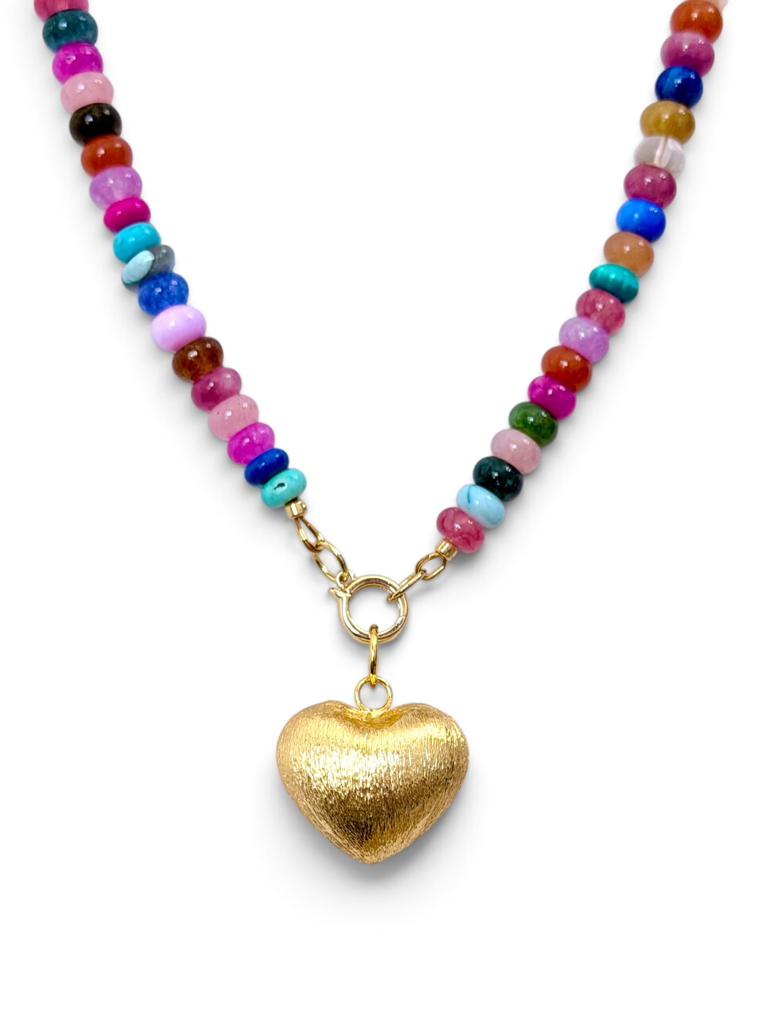 Colorful Claire Necklace: Mixed gemstones and a textured puffed heart pendant