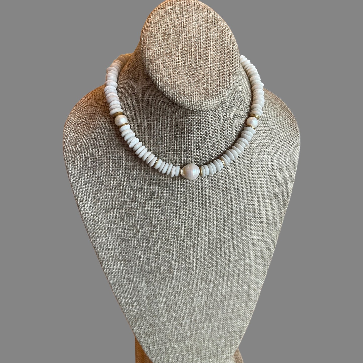 White Sands Necklace: White Ashanti Glass Beads with Baroque Pearls