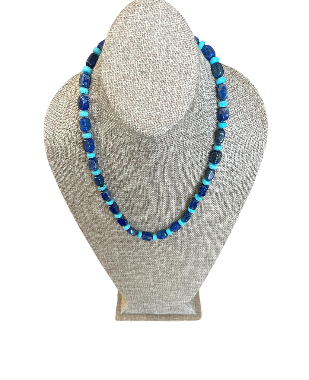 The Catherine Necklace: Gorgeous Lapis Lazuli barrel shaped beads hand knotted on silk w Turquoise accent beads Silver clasp
