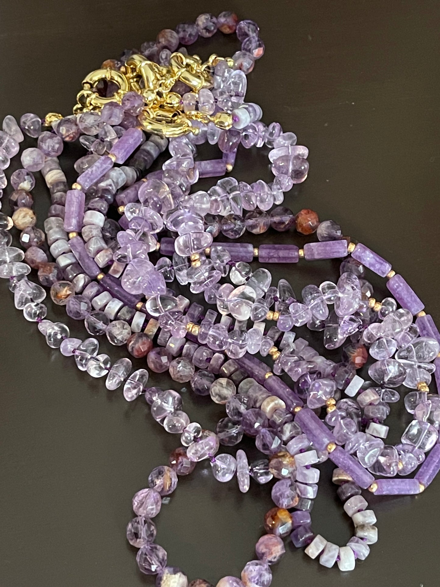 OOAK Hand-knotted Amethyst Nugget Style beaded Necklace on Purple Silk