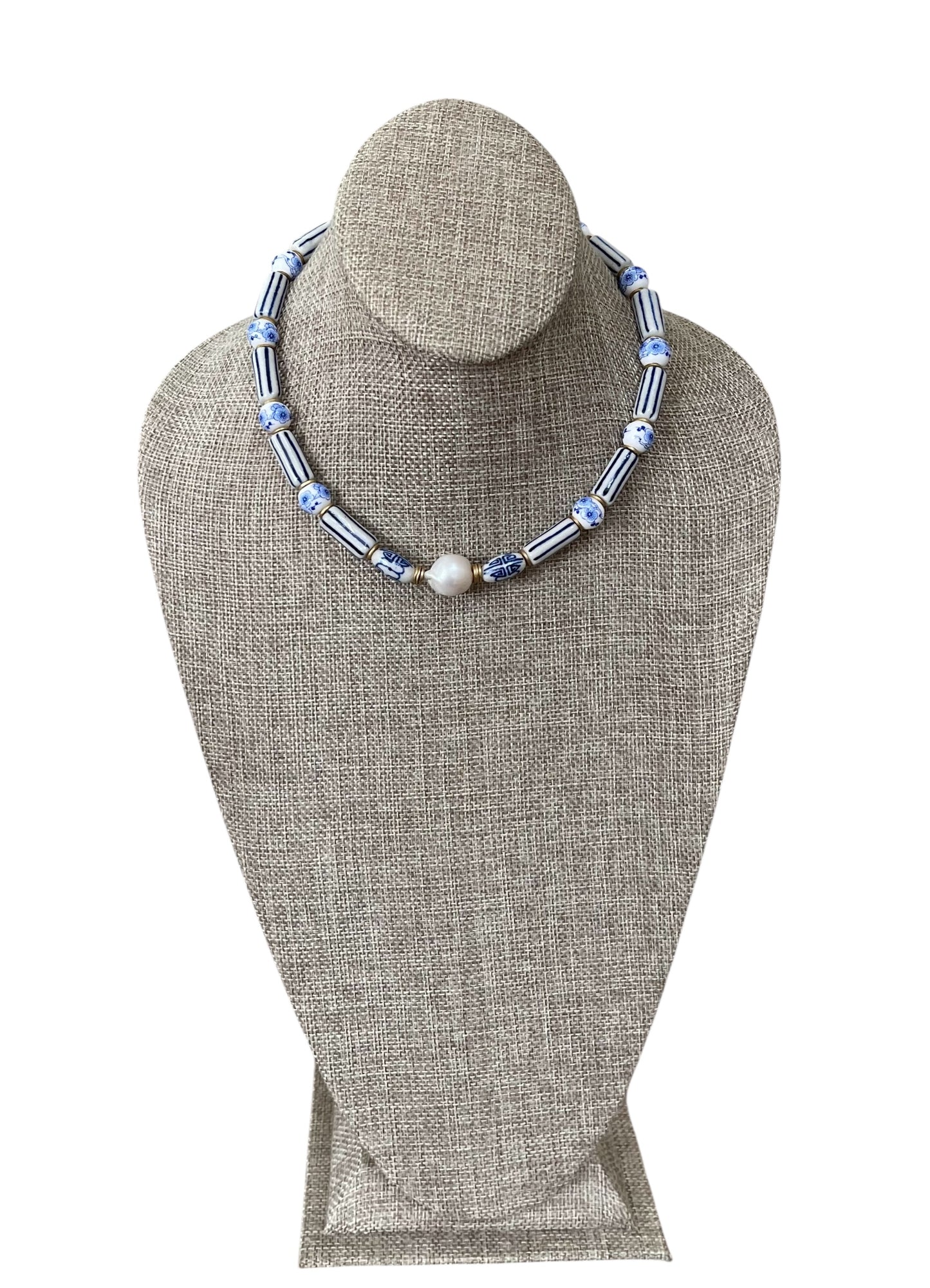 Chinoiserie Chic Necklace: Porcelain & Ceramic beads, 24k gold accents and clasp, Baroque Pearl center OOAK