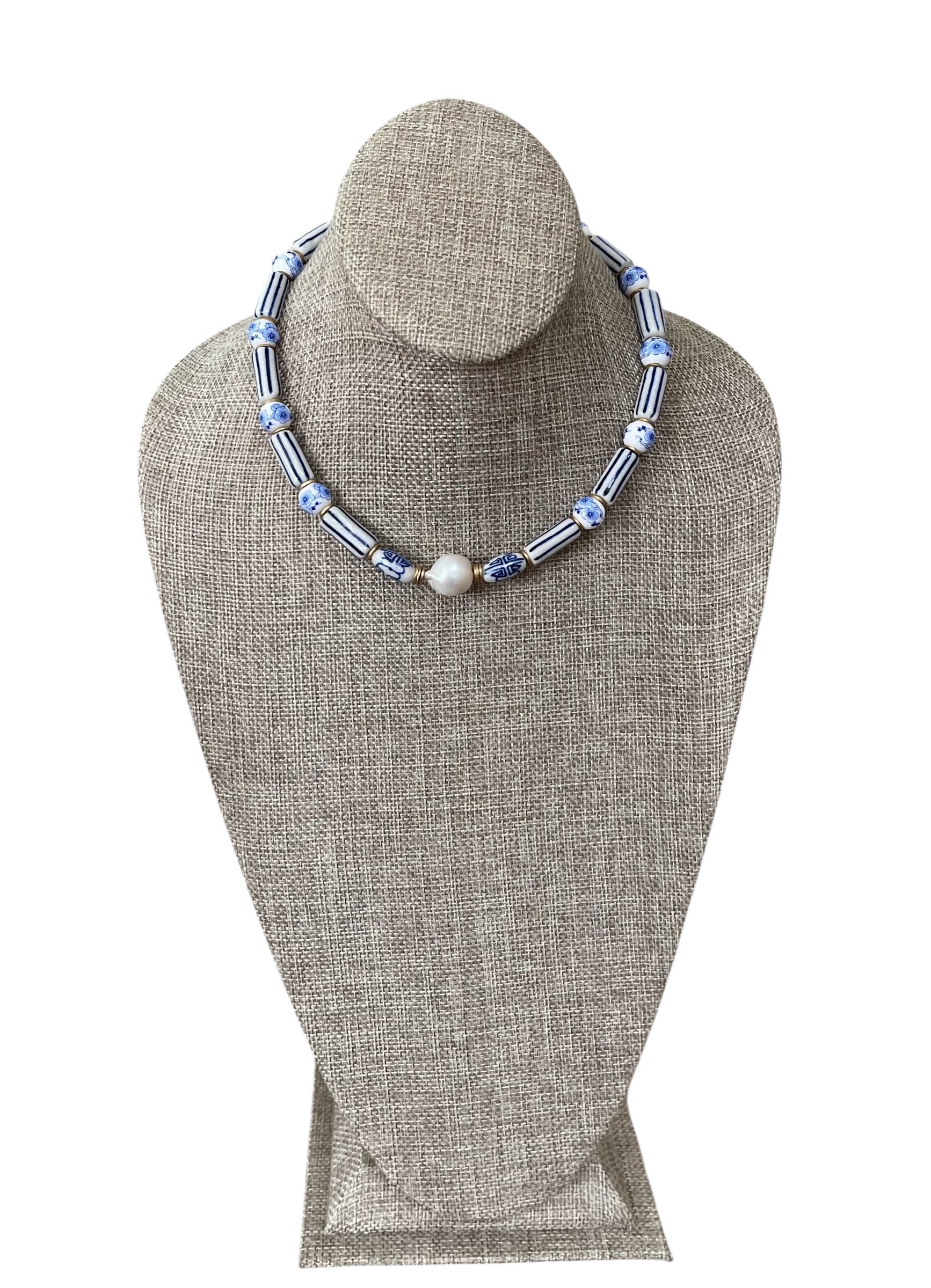 Chinoiserie Chic Necklace: Porcelain & Ceramic beads, 24k gold accents and clasp, Baroque Pearl center OOAK