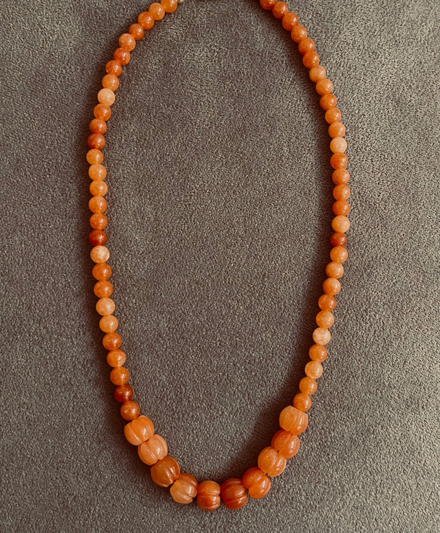 Orange Moonlight Necklace: Orange Moonlight Sunstone Beads w Jade Pumpkin Carved Beads