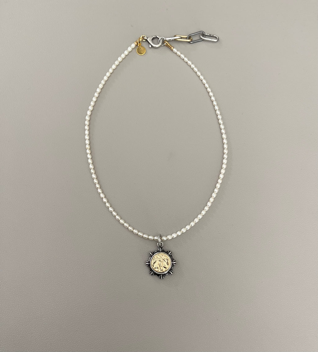 Bee Happy II Necklace: A Freshwater Pearl Necklace w a Silver/Gunmetal/Gold French Bee Coin Pendant