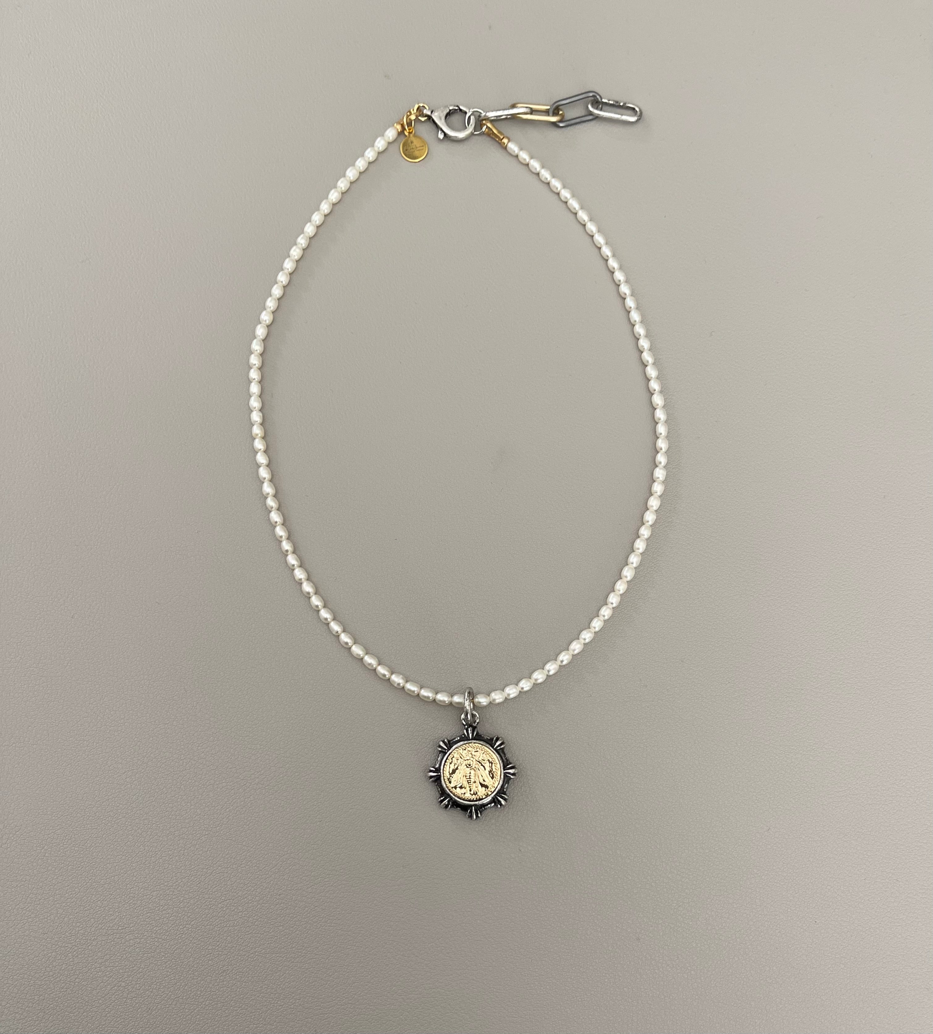 Bee Happy II Necklace: A Freshwater Pearl Necklace w a Silver/Gunmetal/Gold French Bee Coin Pendant