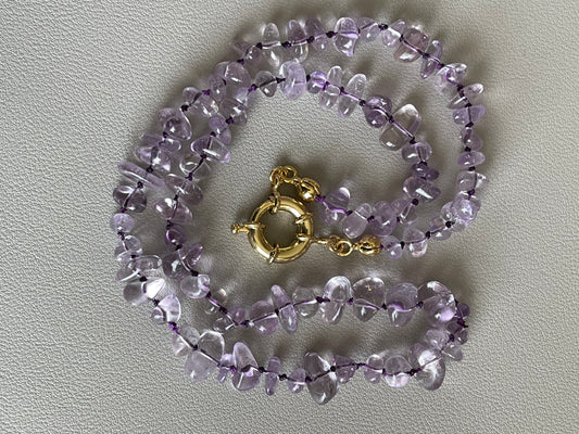 OOAK Hand-knotted Amethyst Nugget Style beaded Necklace on Purple Silk