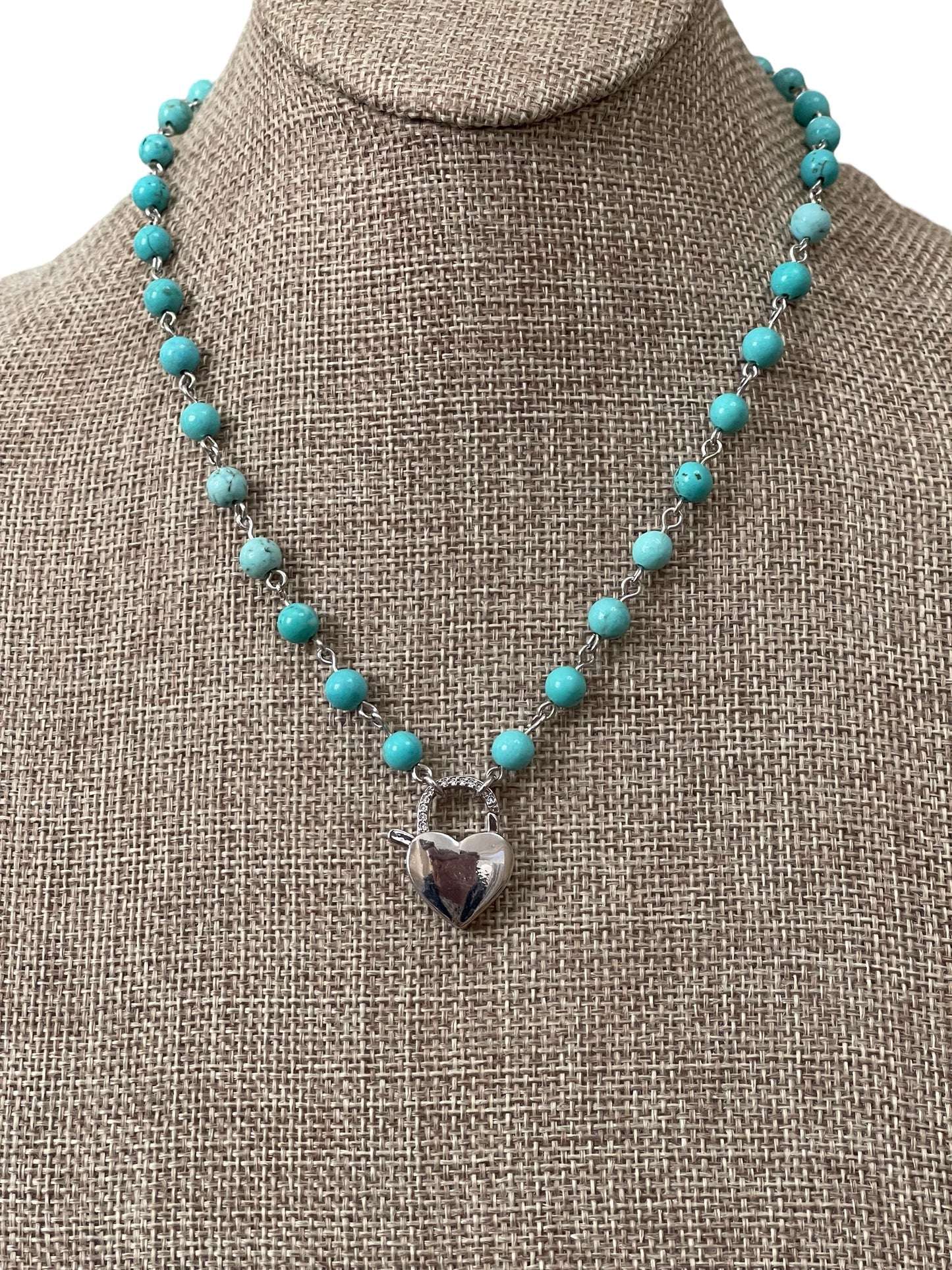 Petite Turquoise Heartbeat Necklace: 6mm Turquoise bead-n-link chain with Silver padlock style clasp charm
