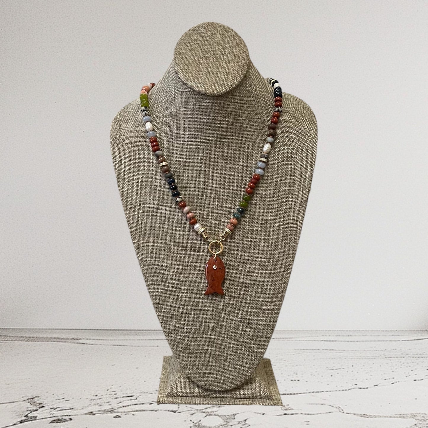 Reel Beauty 🎣 Mixed Gemstone necklace with Gold accents Gemstone fish pendant 3 options