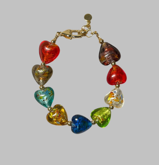 Glass Heartbeats Bracelet: Colorful Handmade Lamp-work Glass Heart Beads Accented with Gold Or Silver