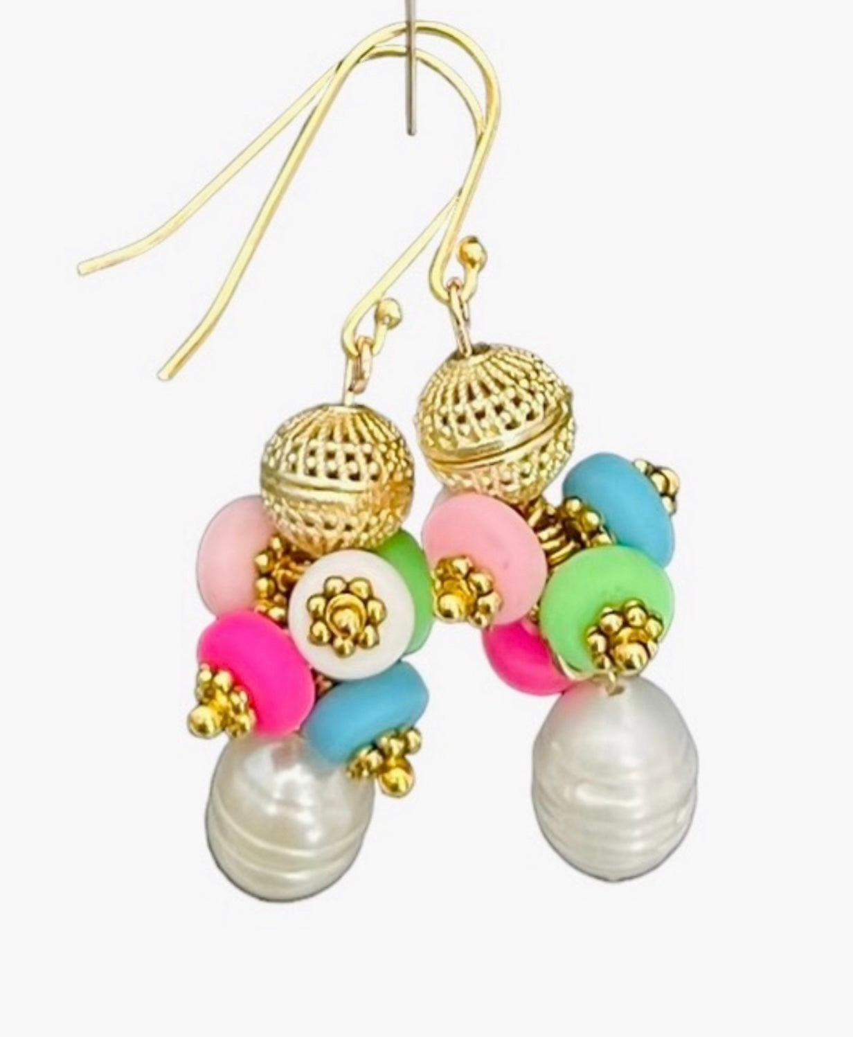 Paradise Island Gold Bead Earrings: Hypoallergenic hook post, polymer clay charms, gold textured bead, freshwater Pearl drop